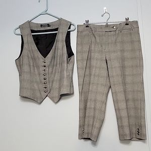 Women's TRIBAL Stretch Extensible Gray Plaid Capri Pants & Blazer Suit S…